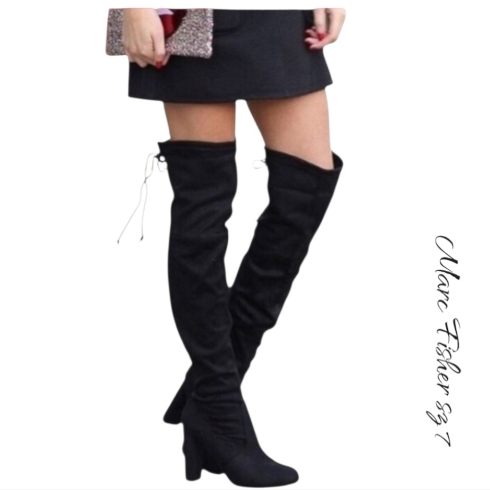 NWT Marc Fisher Octavie Black Suede Over The Knee Boots Block Heel Sz 7